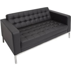 Venus Two Seater Lounge Stainless Steel Base Button Finish Black PU Upholstery