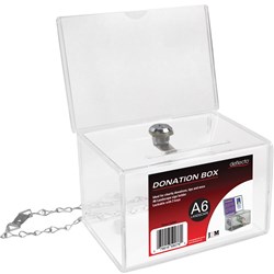 Deflecto Donation Box Lockable Header A6 Landscape Clear Acrylic