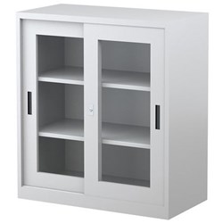 Steelco Sliding Glass Door Cupboard 1015Hx914Wx465mmD 2 Shelves White Satin