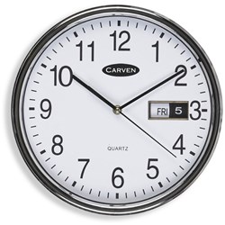 Carven Wall Clock 28.5cm Diameter With Date Silver Frame