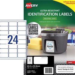 Avery Ultra-Resistant Chemical Grade Laser Labels L7912 63.5x 33.9 White 24UP 10 Sheet