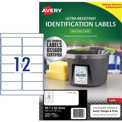 Avery Ultra-Resistant Chemical Grade Laser Labels L7913 99.1x 42.3 White 12UP 10 Sheet