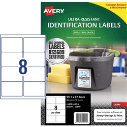 Avery Ultra-Resistant Chemical Grade Laser Labels L7914 99.1x 67.7 White 8UP 10 Sheets