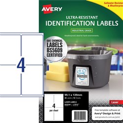 Avery Ultra-Resistant Chemical Grade Laser Labels L7915 99.1x 139 White 4UP 10 Sheets