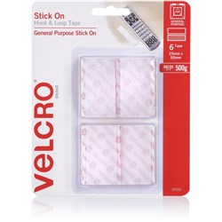 Velcro Brand Hook & Loop 25x50mm Tape Stick On White Pack Of 6