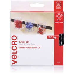 Velcro Brand Hook & Loop 25mm x 2.5M Tape Stick On Black